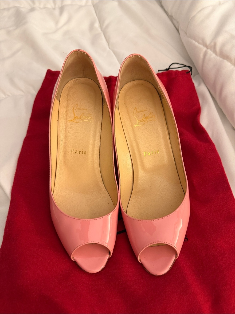 Christian Louboutin Coral Pink Patent Peep-Toe Pumps
